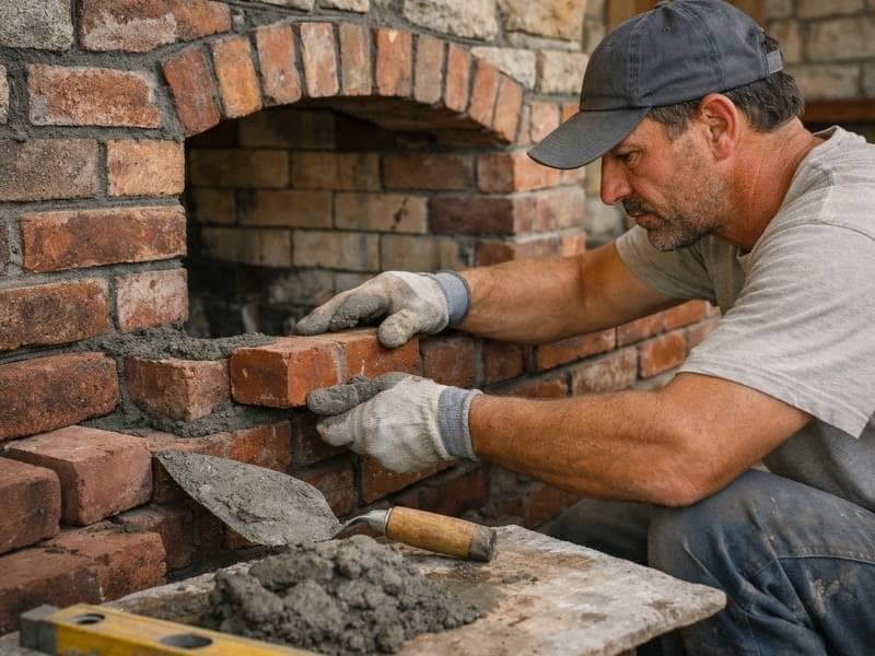 Brick masonry installation for a residential fireplace under construction