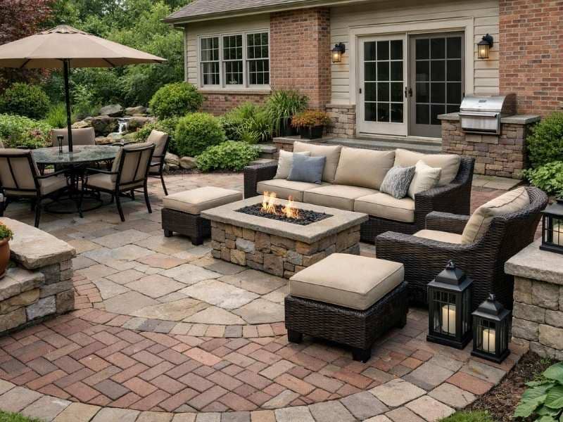 Brick pavers vs stone pavers featured in a backyard patio with a fire pit and outdoor seating area