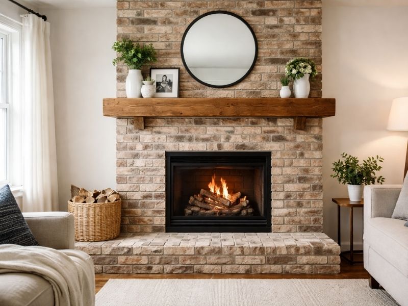 Indoor brick fireplace with a wood mantel and hearth showing a finished residential fireplace installation in a living room