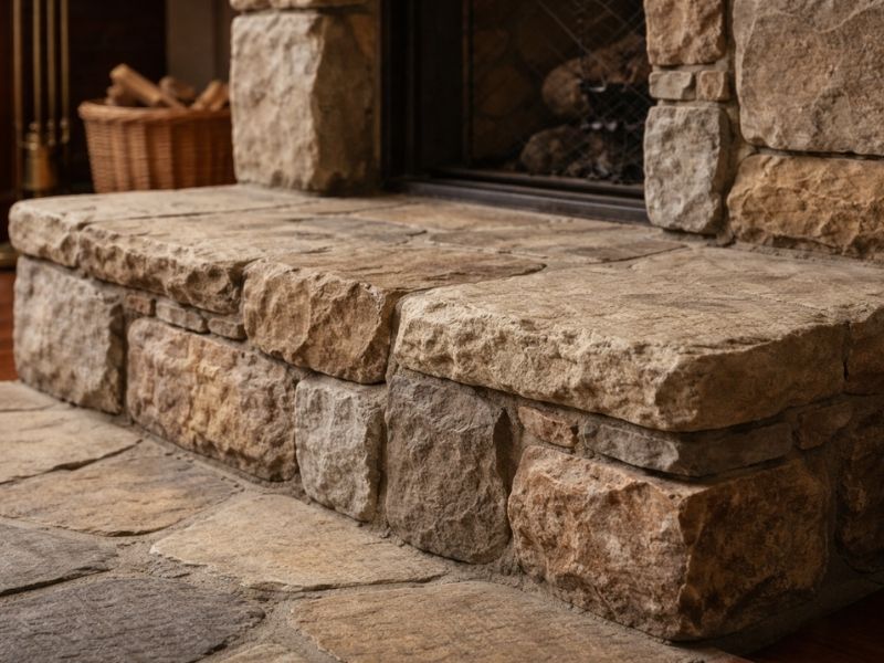 Natural stone masonry fireplace with stacked stone construction and detailed stonework used in residential interior design