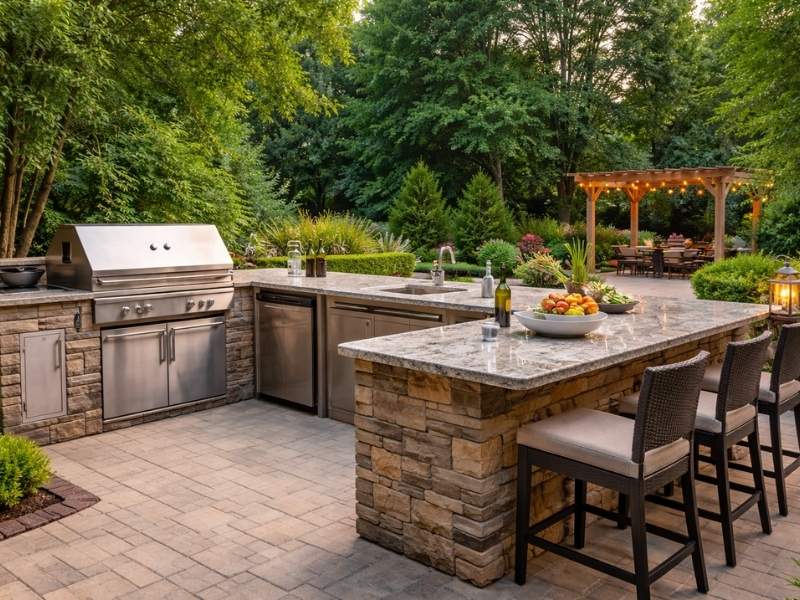 Natural stone patio with an outdoor kitchen, bar seating, and landscaped backyard designed for residential outdoor living.