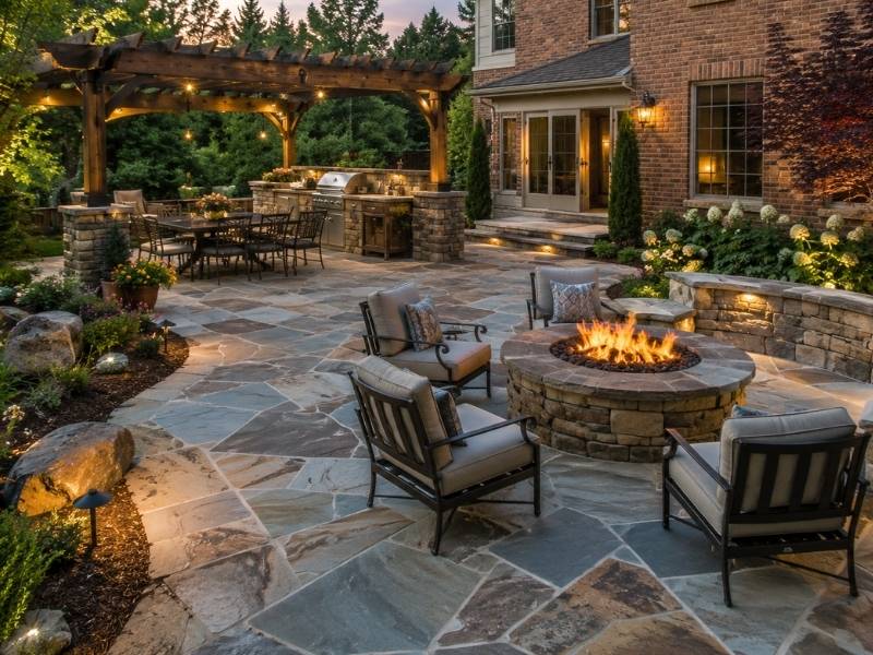 Natural stone patio with a fire pit, pergola, outdoor kitchen, and seating area designed to improve outdoor living behind a brick home.