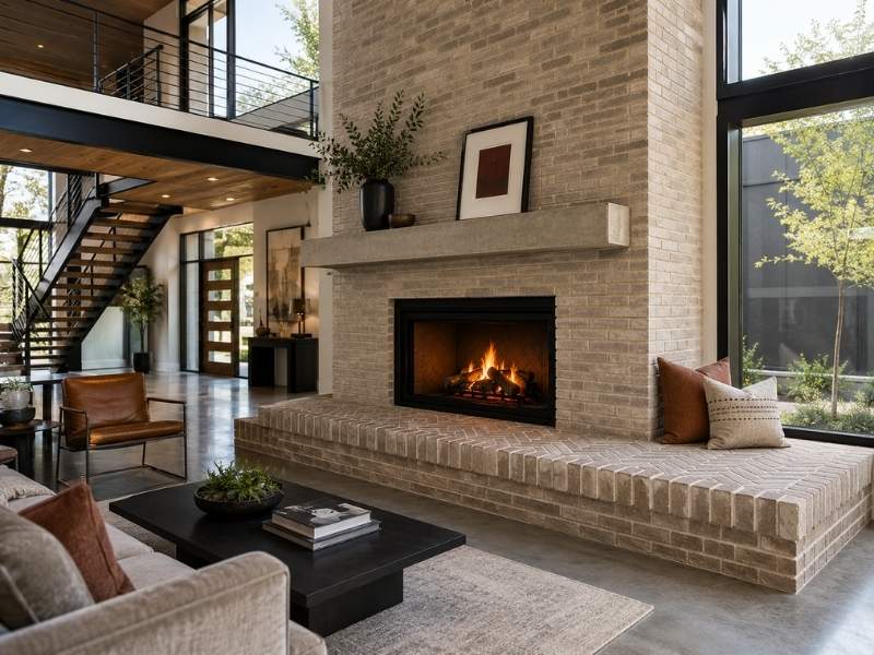 Brick hearth designs in a contemporary living room featuring a raised brick hearth, modern fireplace, and functional built-in seating.
