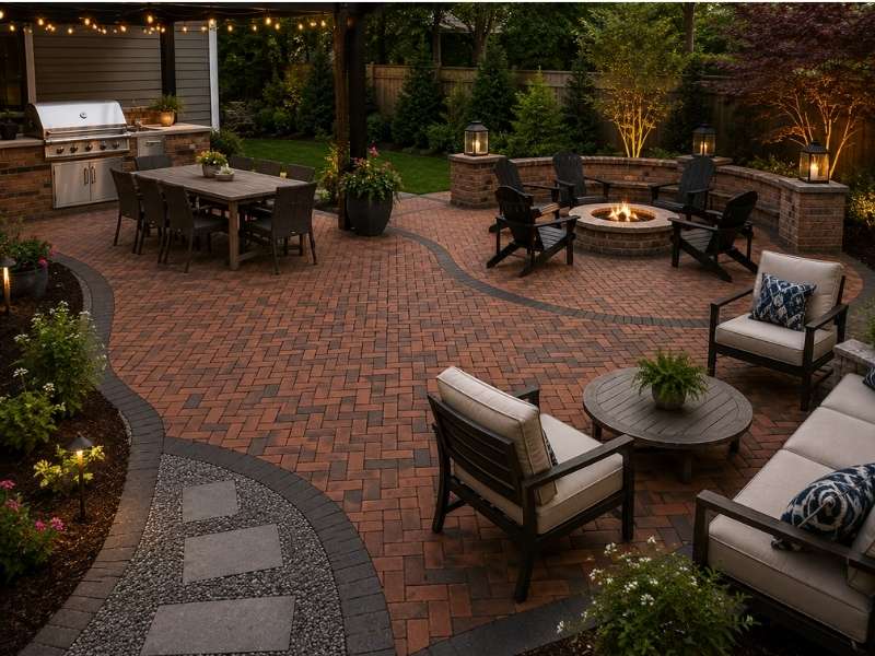 Brick patio layouts featuring a herringbone brick design with dining, fire pit, seating areas, and outdoor kitchen for a functional backyard.
