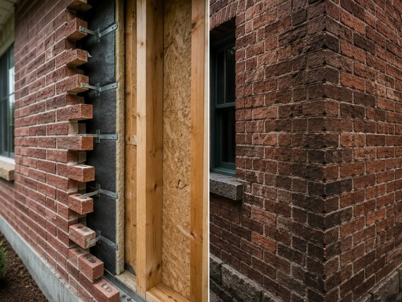 Side-by-side comparison of brick veneer and solid brick construction on residential homes, illustrating the structural differences for homeowners in Birmingham, AL.
