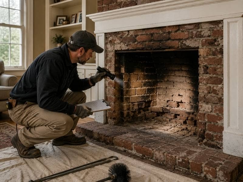 Fireplace repair planning for older homes with a professional inspecting cracked firebrick and deteriorated mortar
