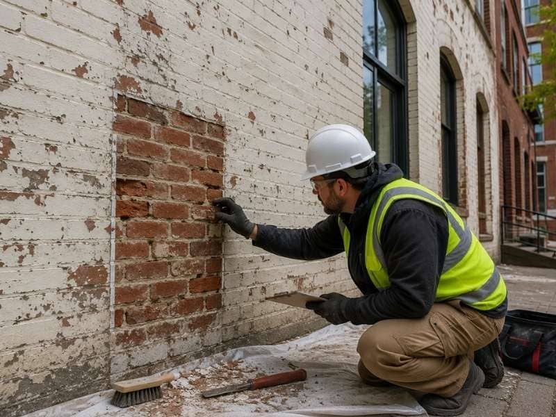  Painted brick prep for adaptive reuse projects with a masonry professional inspecting an exposed test area
