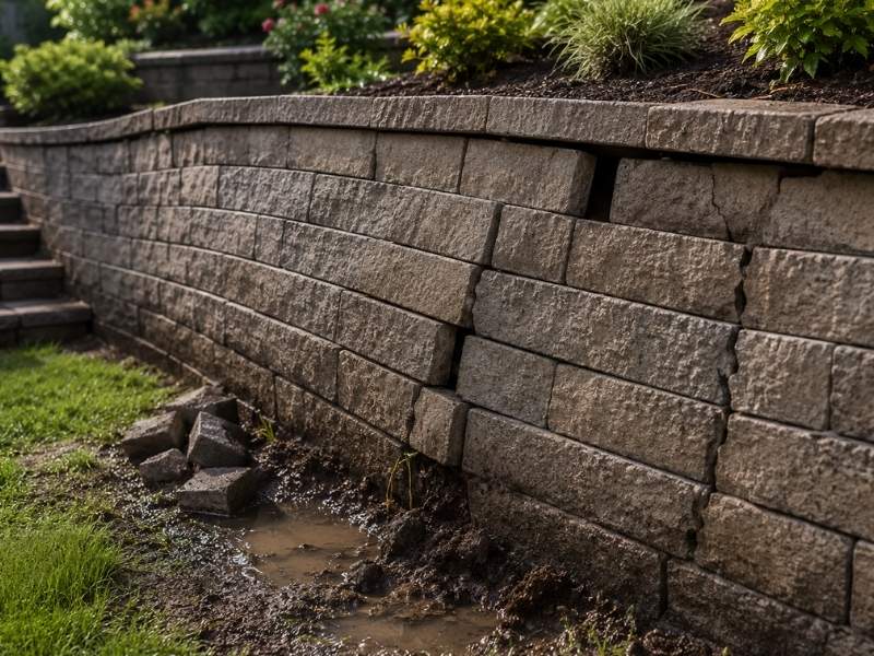 Cracked and leaning retaining wall with soil erosion and standing water, showing early signs of structural problems in Birmingham, AL.