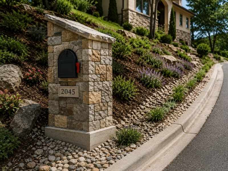 Stone mailbox design for sloped front yards with a level masonry base and gravel drainage beside the road
