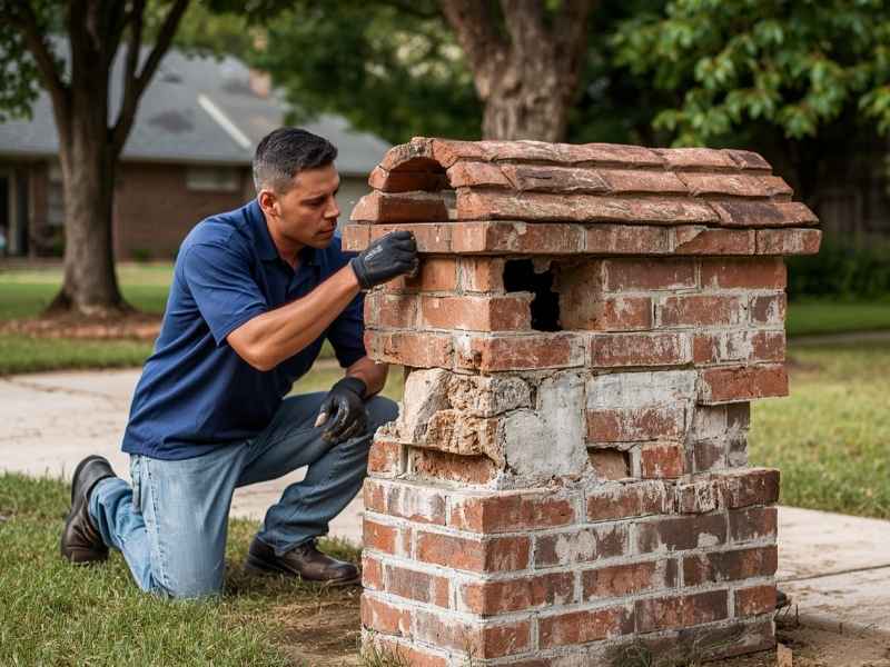 Brick mason inspecting a damaged brick mailbox with cracked mortar, missing bricks, and weathered masonry before repair in Birmingham, Alabama.