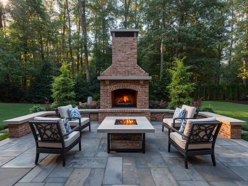 Brick outdoor fireplace with stone patio seating area in a landscaped Birmingham backyard, showing a finished outdoor living space with proper spacing and masonry design.