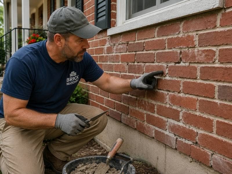 Brick mason inspecting cracked brickwork and deteriorating mortar joints to prevent water damage and costly future home repairs.
