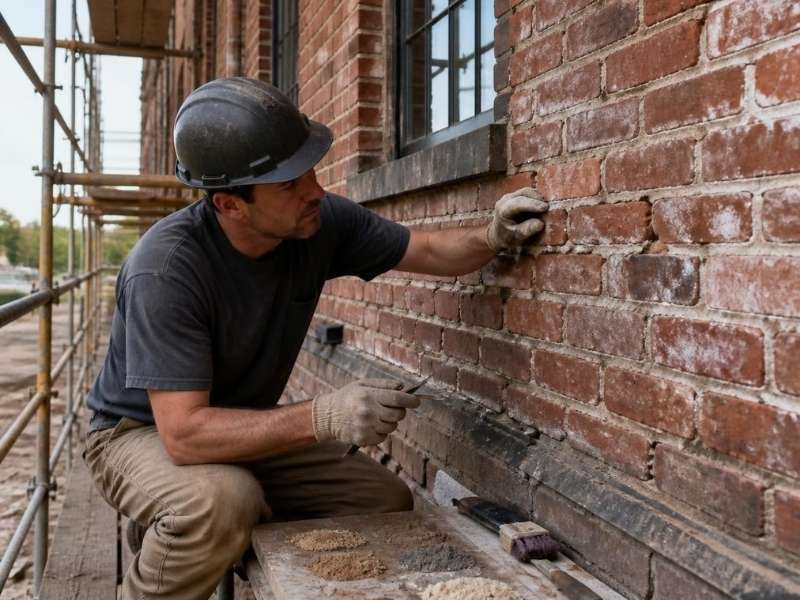 Mason repointing deteriorated mortar joints on a historic brick warehouse in Birmingham, Alabama.
