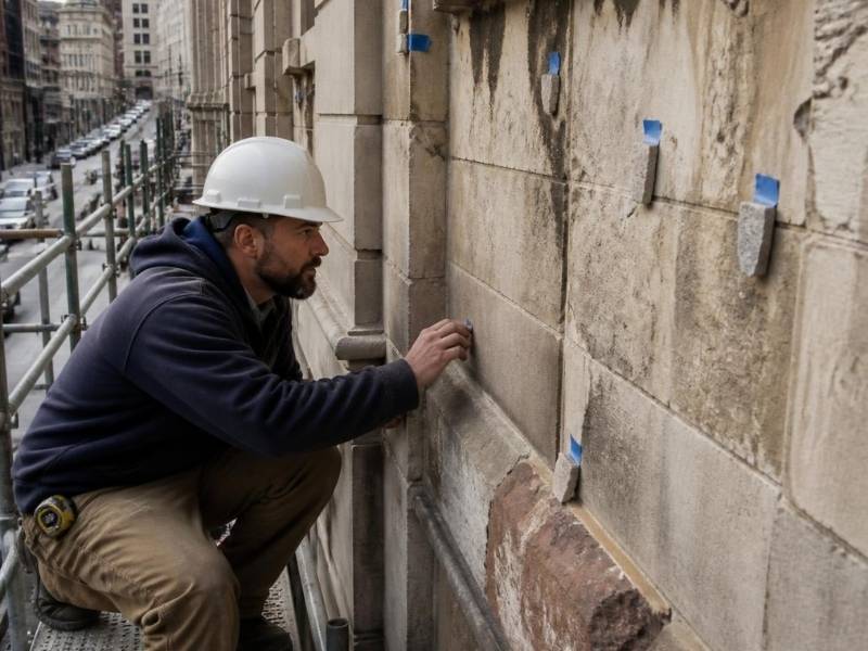 Stone mason inspecting weathered masonry and mortar damage on a historic building facade in Birmingham, Alabama.
