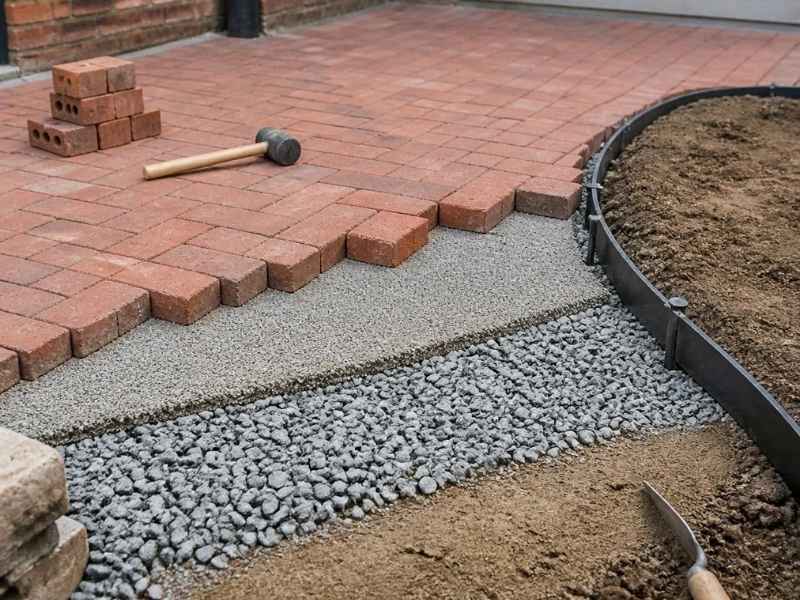 Permeable brick pavers being installed over a layered gravel base in Birmingham, Alabama.