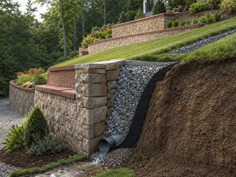 Cutaway view of retaining wall drainage on a hillside with crushed stone, filter fabric, and a perforated drainpipe directing water away.