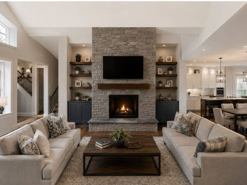 Stone fireplace proportioned for an open living room in Birmingham, Alabama, with a balanced firebox, mantel, television, and surrounding furniture.