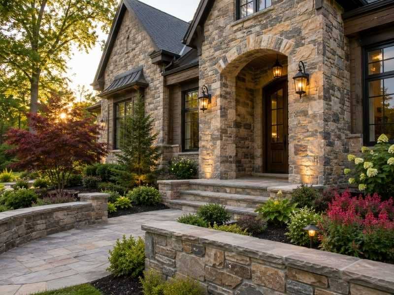 Stone masonry improving durability and curb appeal on a residential exterior with natural stone walls and a professionally finished entryway.
