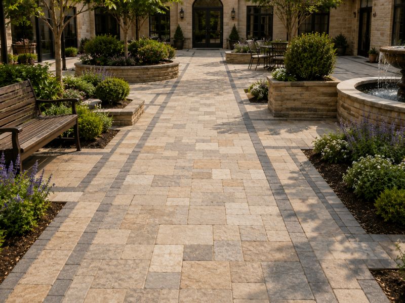 Stone pavers forming a wide pedestrian-friendly courtyard with smooth walkways, seating, landscaped planters, and a fountain.