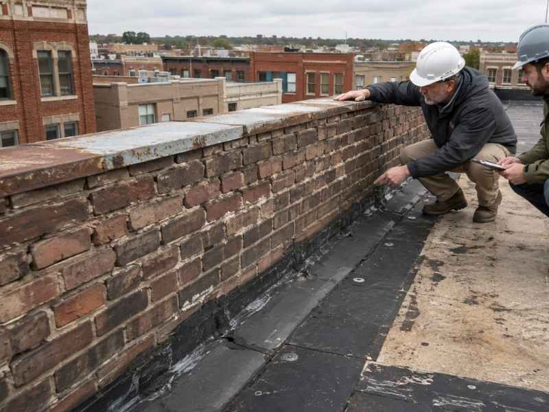 Brick parapet inspection before roof replacement in downtown Birmingham, Alabama