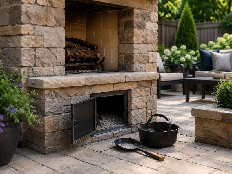 Outdoor fireplace with accessible ash cleanout in a Birmingham, Alabama backyard