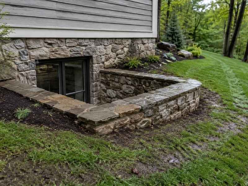Stone masonry around a basement window well on a sloped hillside home in Birmingham, Alabama