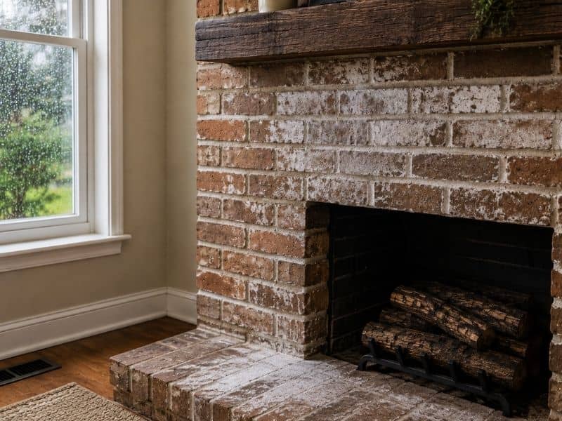 Damp brick fireplace showing moisture stains in a Birmingham, Alabama home after rain
