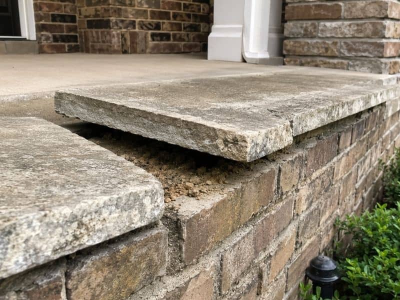 Loose stone cap lifted from a brick porch wall on an older Birmingham, Alabama home