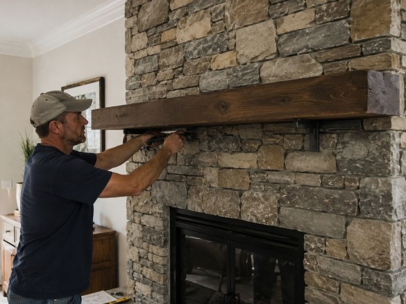 Contractor mounting a wooden mantel securely on a stone fireplace during a custom living-room renovation in Birmingham.