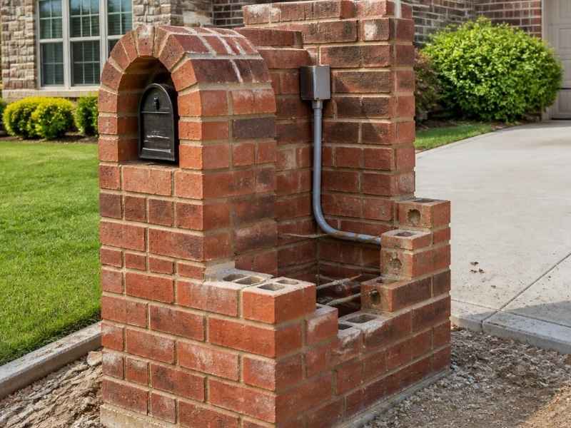 Partially built brick masonry mailbox with a lighting conduit beside a driveway in Birmingham, Alabama